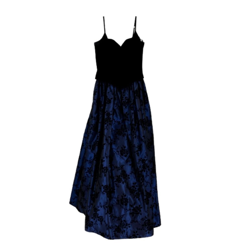 Vtg. Jessica McClintock Gown Dress Black Velvet Blue Floral A-line Maxi Size 10